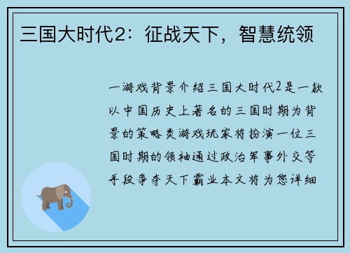 三国大时代2：征战天下，智慧统领